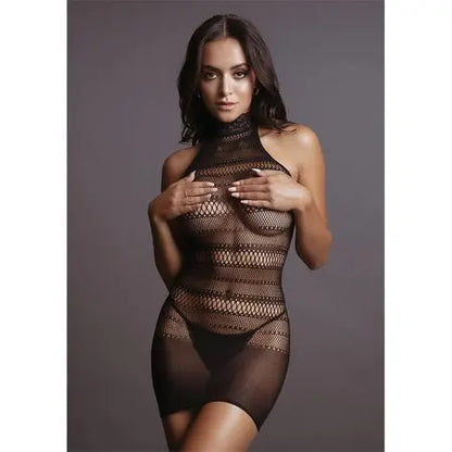 Le Desir High Lace Neck Net Mini Dress Black O/S  Lingerie - Dresses