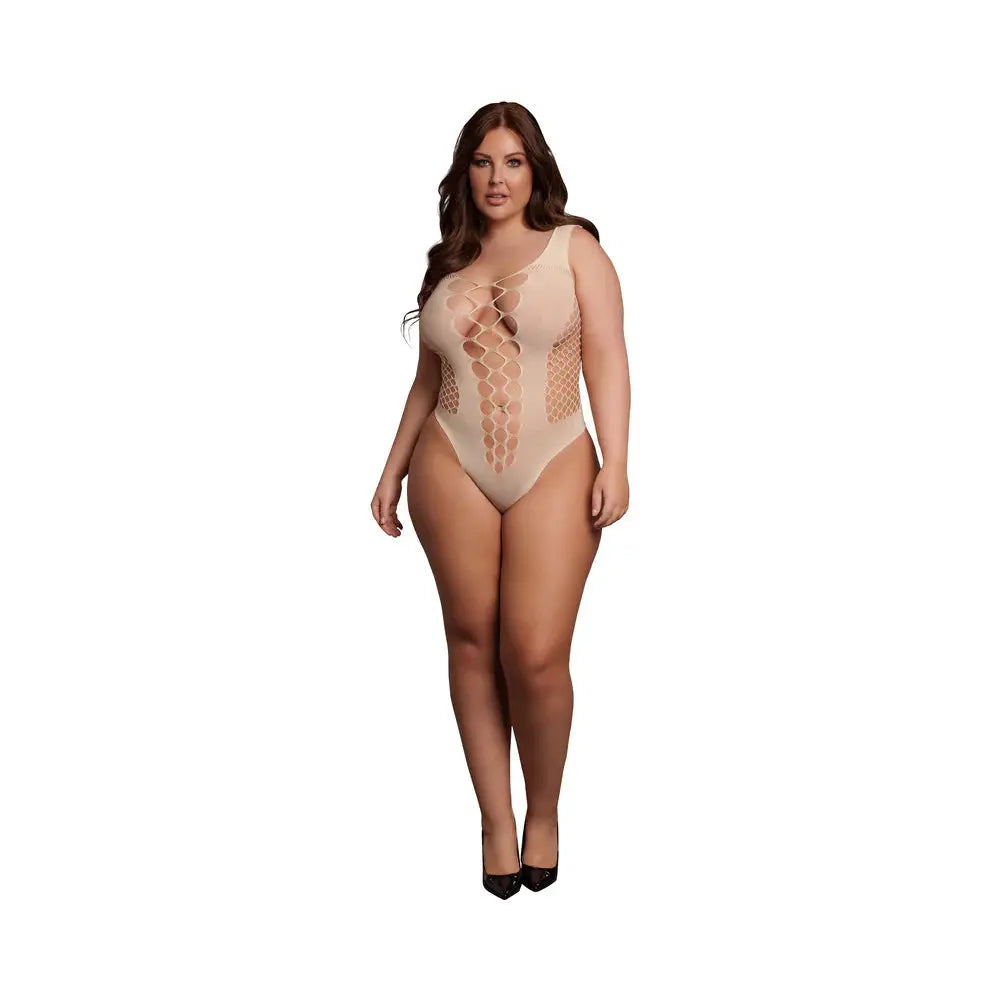 Le Desir V-Neck Plus Size Teddy Lingerie with Opaque Panels Sandy Beach Queen Size  Lingerie - Body Stockings
