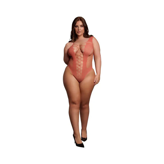 Le Desir V-Neck Plus Size Teddy Lingerie with Opaque Panels Sunset Glow Queen Size  Lingerie - Body Stockings