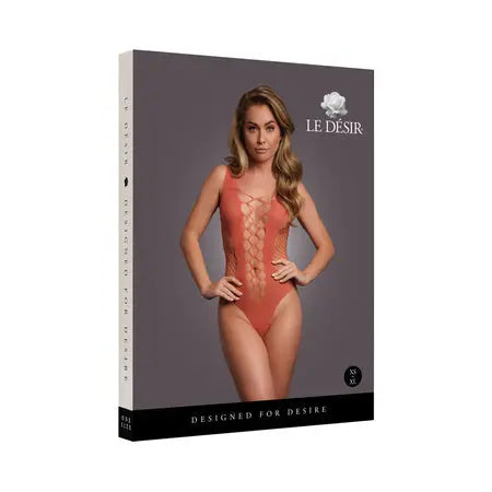 Le Desir V-Neck Teddy with Opaque Panels Sunset Glow O/S  Lingerie - Body Stockings