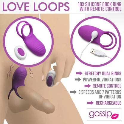 Love Loops 10X Silicone Cock Ring with Remote - Purple  Vibrating Cock Ring
