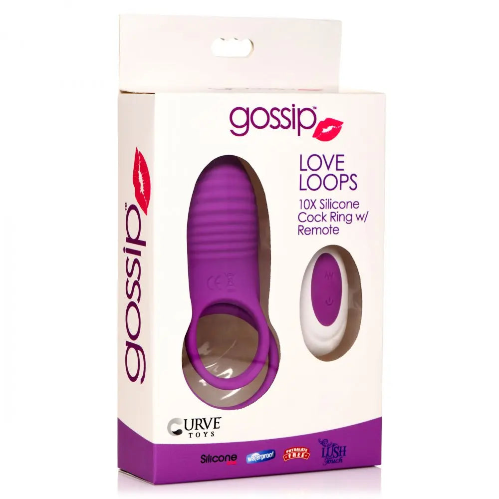Love Loops 10X Silicone Cock Ring with Remote - Purple  Vibrating Cock Ring