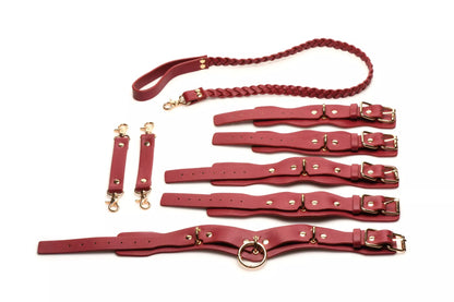 Lover's Restraints Set Bondage Kit with Cuffs, Collar and Leash - Red Faux Leather  Bondage Kits