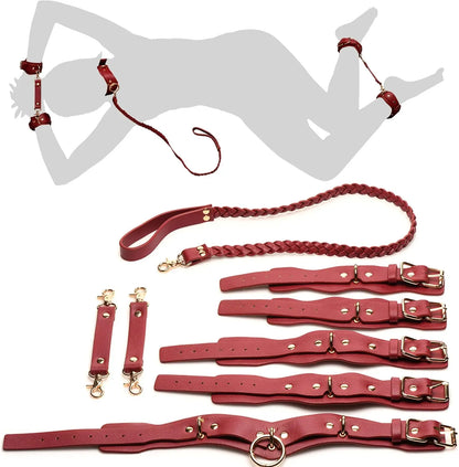 Lover's Restraints Set Bondage Kit with Cuffs, Collar and Leash - Red Faux Leather  Bondage Kits