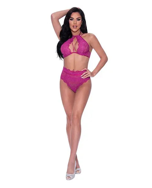 Magic Silk Berrylicious Halter & Lace Up Panty Set Raspberry L/XL  Lingerie - Bra and Panty sets
