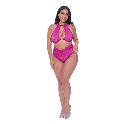 Magic Silk Berrylicious Halter & Lace Up Panty Set Raspberry Queen Size  Lingerie - Bra and Panty sets