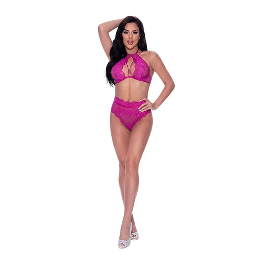 Magic Silk Berrylicious Halter & Lace Up Panty Set Raspberry S/M  Lingerie - Bra and Panty sets