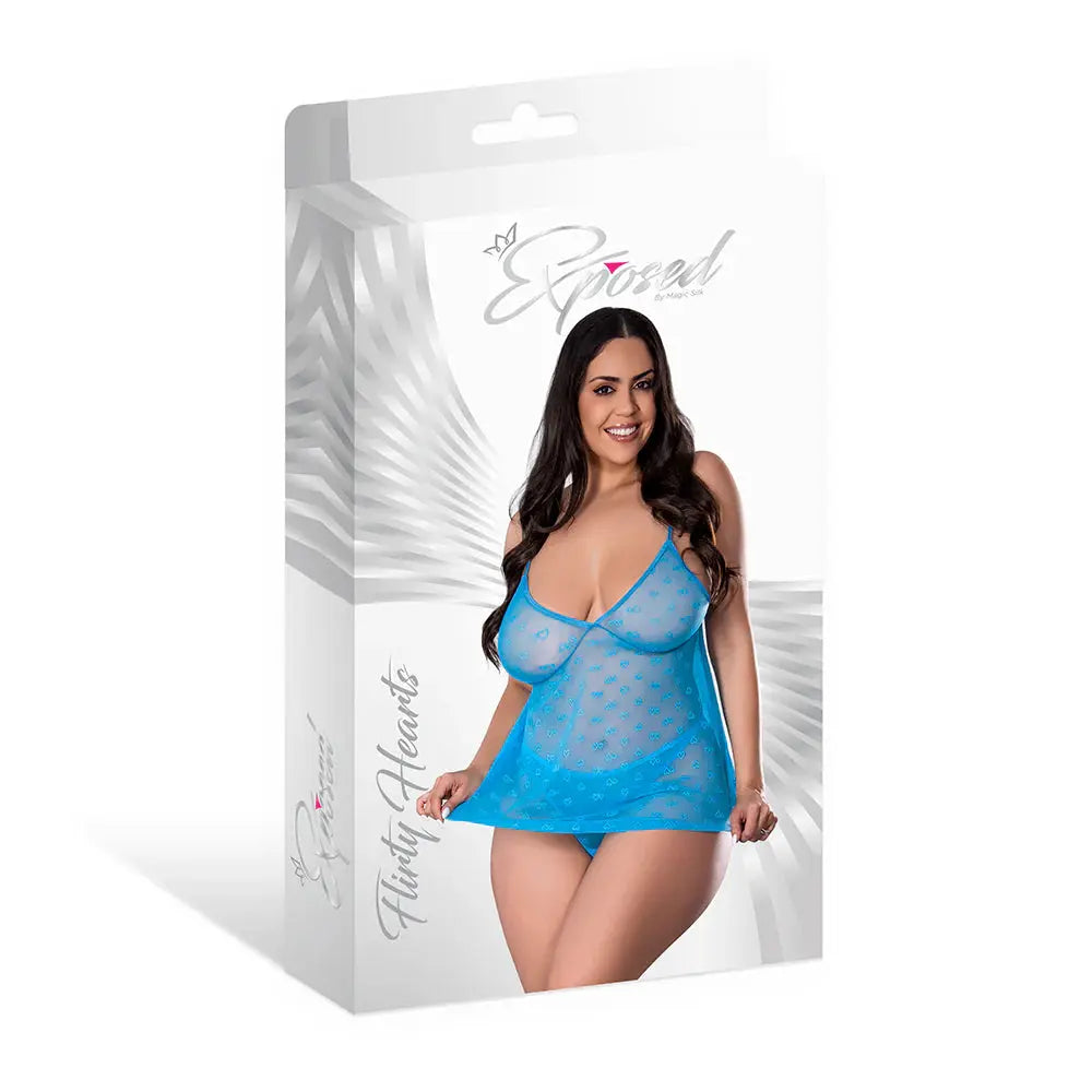Magic Silk Flirty Hearts Flutter Babydoll & High Leg Tanga Set Blue Sugar Queen Size  Lingerie - Baby dolls Chemises etc