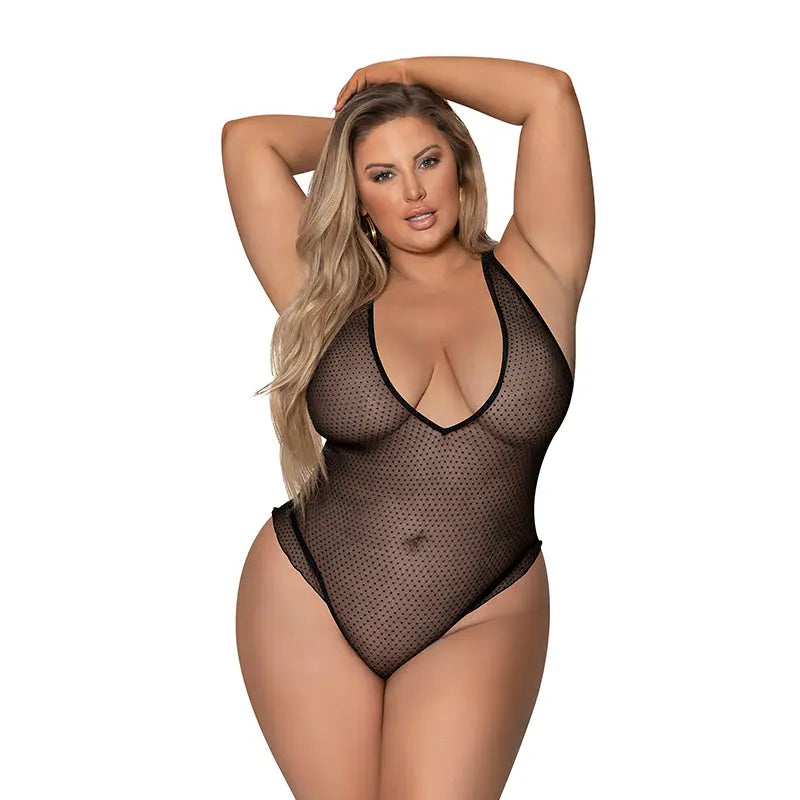 Magic Silk Girl Next Door Plunge Teddy Black Queen Size  Lingerie - Body Stockings