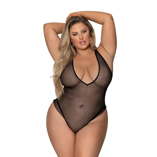 Magic Silk Girl Next Door Plunge Teddy Black Queen Size  Lingerie - Body Stockings