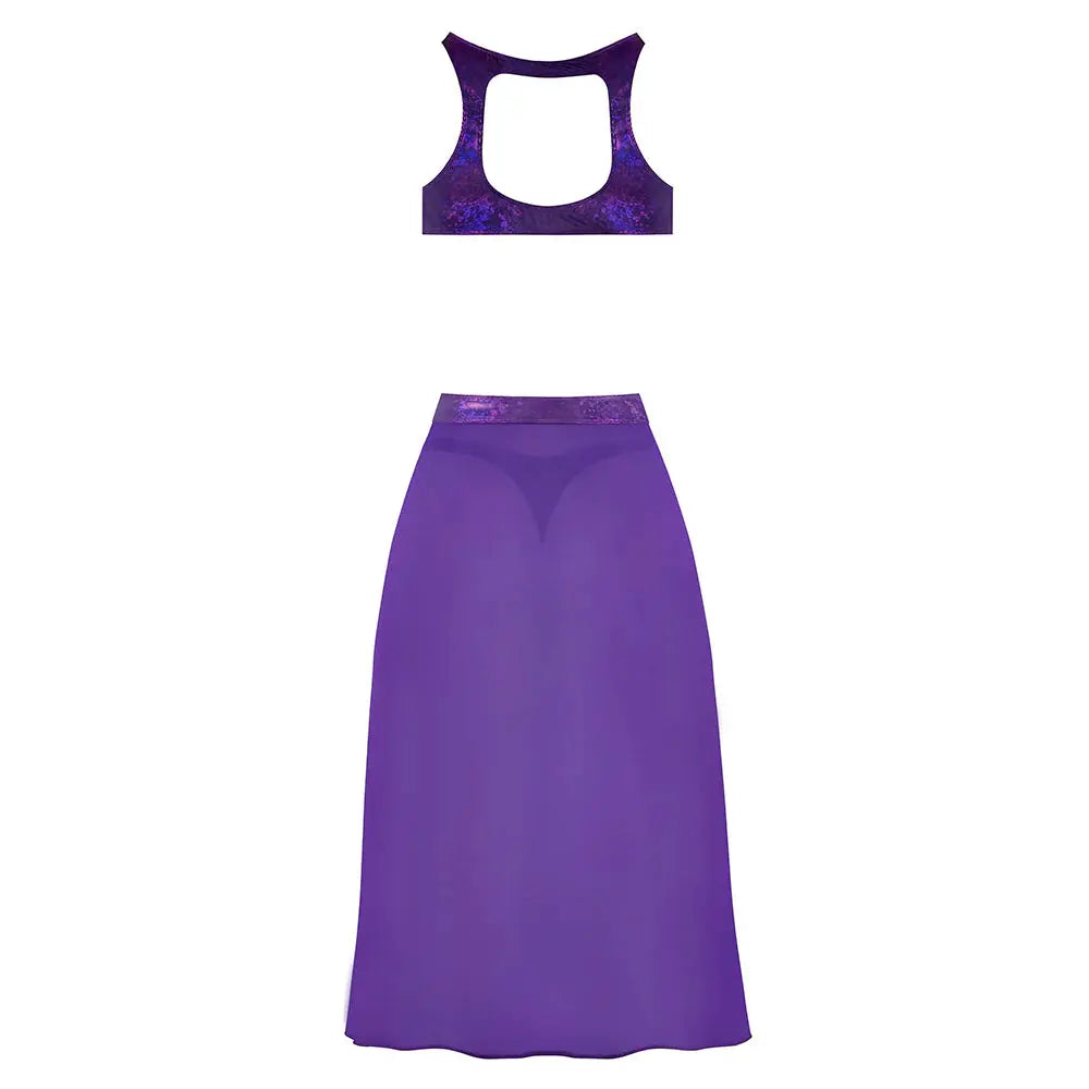 Magic Silk Glimmer High Neck Crop Top, Flowy Skirt & Tanga Set Purple Disco S/M  Lingerie - Club Wear
