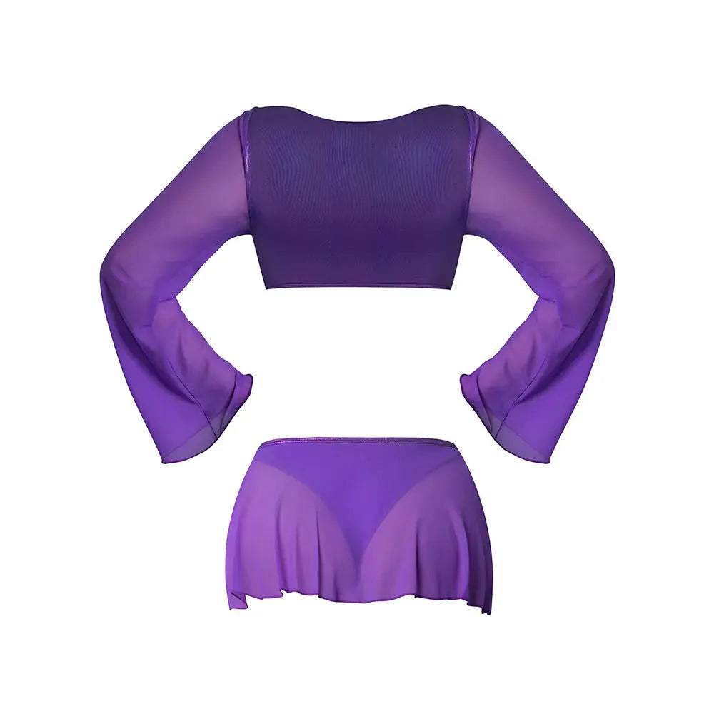 Magic Silk Glimmer LS Crop Top, Mini Skirt & Tie Side Thong Purple Disco S / M  Lingerie - Club Wear