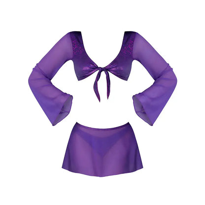Magic Silk Glimmer LS Crop Top, Mini Skirt & Tie Side Thong Purple Disco S / M  Lingerie - Club Wear