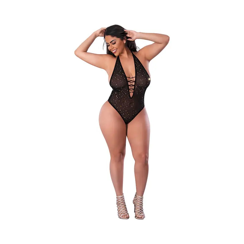 Magic Silk Glitz & Glam Bodysuit with Snap Crotch Black Queen Size  Lingerie - Body Stockings