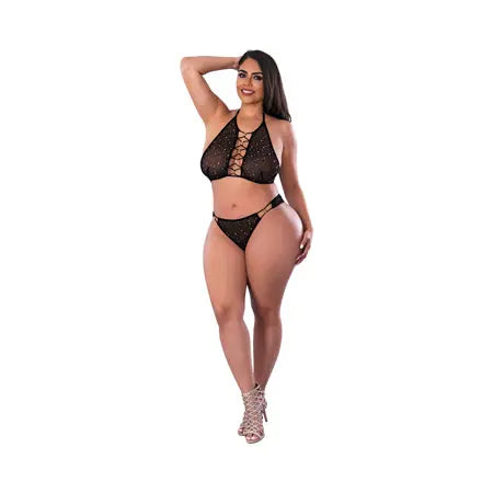 Magic Silk Glitz & Glam Halter Bralette and Panty Set Black Queen Size  Lingerie - Bra and Panty sets