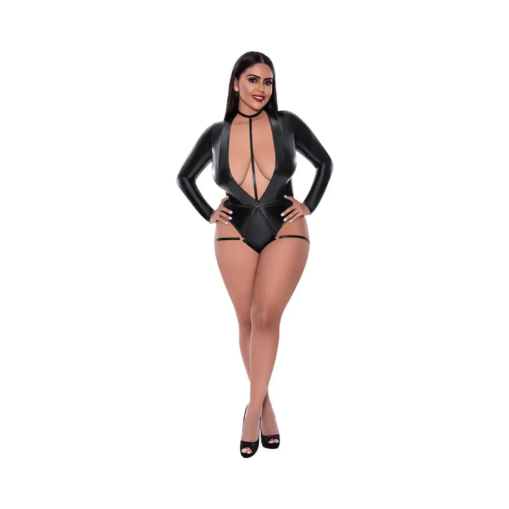 Magic Silk Liquid Onyx Long Sleeve Teddy with Harness Caging Black Queen  Lingerie - Club Wear