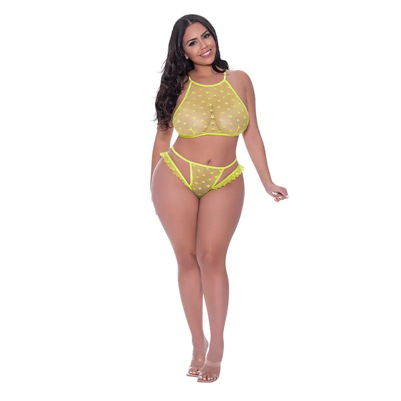 Magic Silk Love Star Halter Crop Bra & Cheeky Panty Set Neon Chartreuse Queen Size  Lingerie - Bra and Panty sets