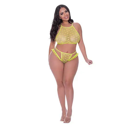 Magic Silk Love Star Halter Crop Bra & Cheeky Panty Set Neon Chartreuse Queen Size  Lingerie - Bra and Panty sets