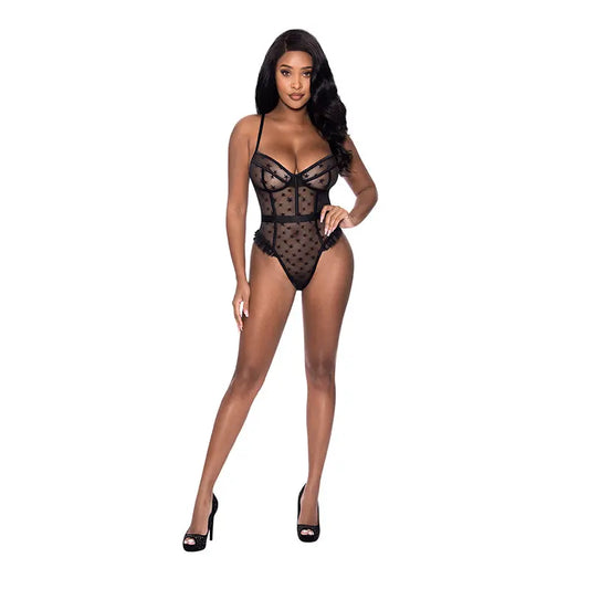 Magic Silk Love Star High Leg Teddy with Snap Crotch Black L/XL  Lingerie - Baby dolls Chemises etc