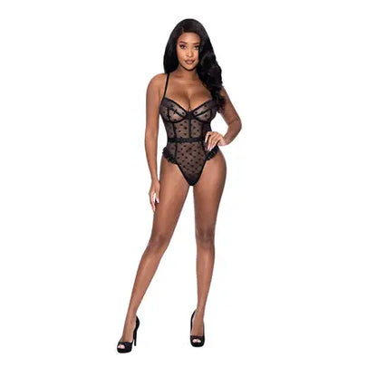 Magic Silk Love Star High Leg Teddy with Snap Crotch Black L/XL  Lingerie - Baby dolls Chemises etc