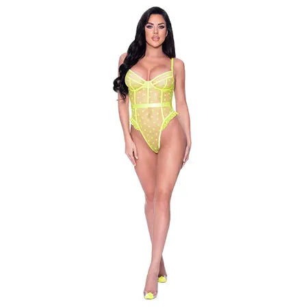 Magic Silk Love Star High Leg Teddy with Snap Crotch Neon Chartreuse L/XL  Lingerie - Baby dolls Chemises etc