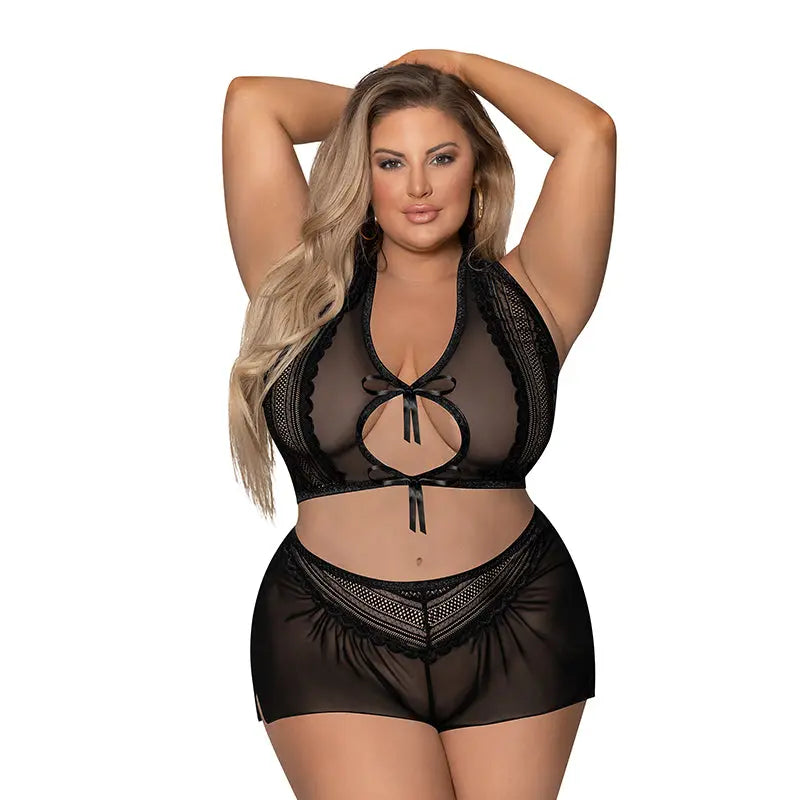 Magic Silk Modern Romance Halter & Tap Panty Black Queen Size  Lingerie - Bra and Panty sets