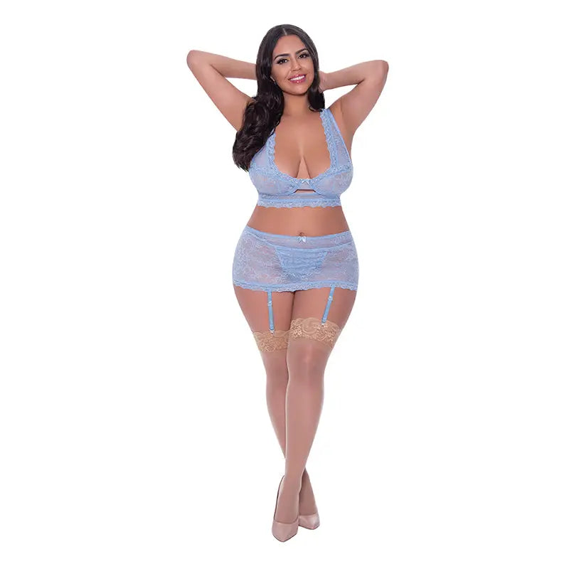 Magic Silk Ooh La Lace Bralette, Garter Skirt & G-String Set Periwinkle Queen Size  Lingerie - Bra and Panty sets