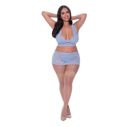 Magic Silk Ooh La Lace Bralette, Garter Skirt & G-String Set Periwinkle Queen Size  Lingerie - Bra and Panty sets