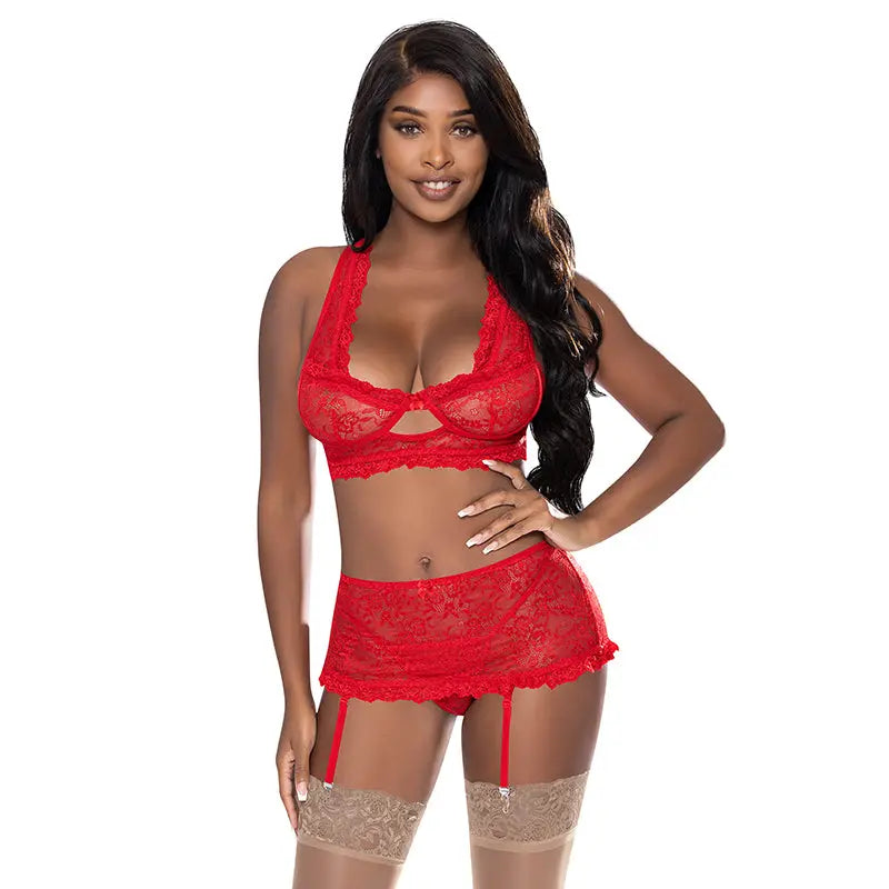 Magic Silk Ooh La Lace Bralette, Garter Skirt & G-String Set Red L/XL  Lingerie - Bra and Panty sets