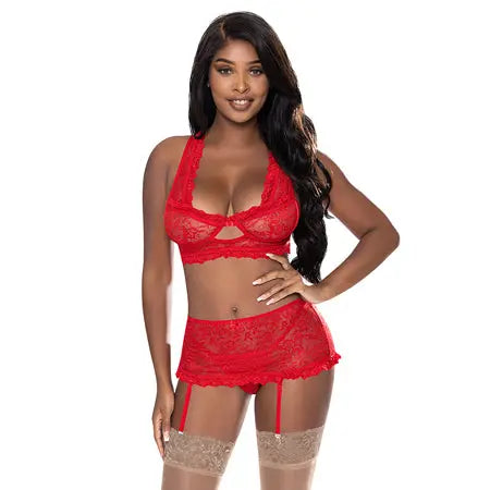 Magic Silk Ooh La Lace Bralette, Garter Skirt & G-String Set Red S/M  Lingerie - Bra and Panty sets