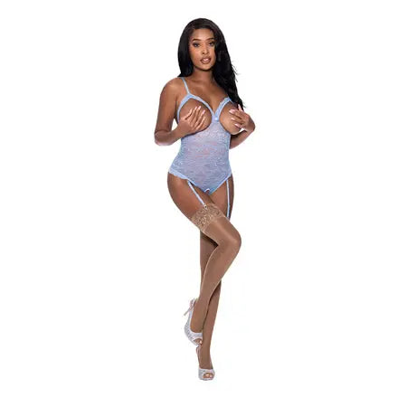 Magic Silk Ooh La Lace Cupless & Crotchless Teddy Periwinkle L/XL  Lingerie - Baby dolls Chemises etc