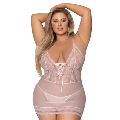 Magic Silk Seabreeze Lace-Up Chemise & G-String Blush Queen Size  Lingerie - Baby dolls Chemises etc