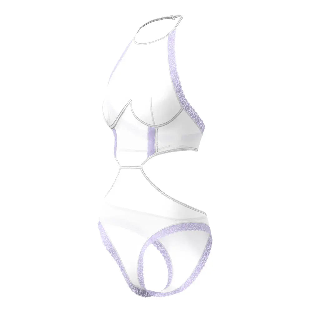 Magic Silk Sheer Passion Halter Teddy White/Lavender S/M  Lingerie - Baby dolls Chemises etc