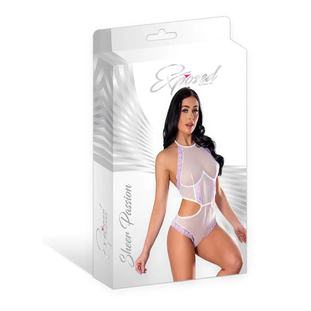 Magic Silk Sheer Passion Halter Teddy White/Lavender S/M  Lingerie - Baby dolls Chemises etc