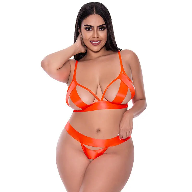 Magic Silk Strap Tease Bra & Crotchless Panty Set Orange Queen  Lingerie - Bra and Panty sets