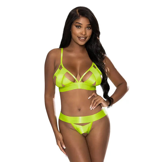 Magic Silk Strap Tease Bra & Crotchless Panty Set Yellow S/M  Lingerie - Bra and Panty sets