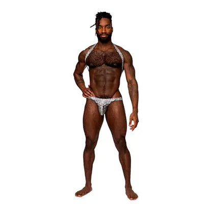 Male Power S'naked Shoulder Sling Harness Thong One-Piece Silver/Black S/M  Men - Underwear