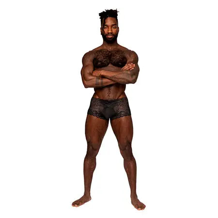 Male Power Sassy Lace Mini Short Sheer Pouch Black L  Men - Underwear
