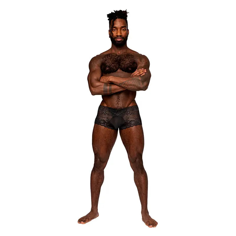 Male Power Sassy Lace Mini Short Sheer Pouch Black M  Men - Underwear