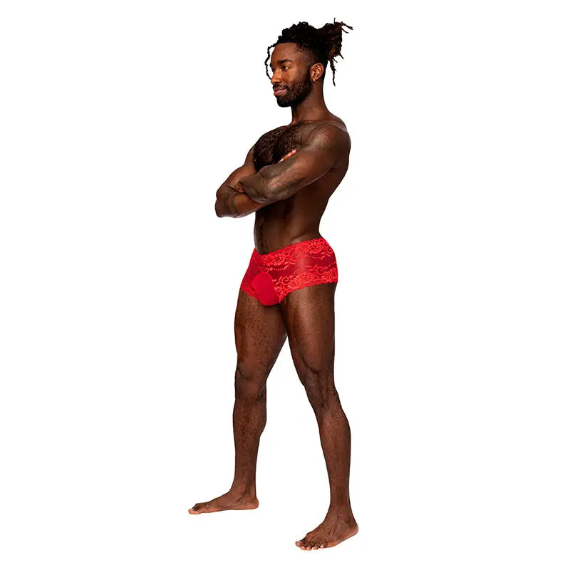 Male Power Sassy Lace Mini Short Sheer Pouch Red S  Men - Underwear