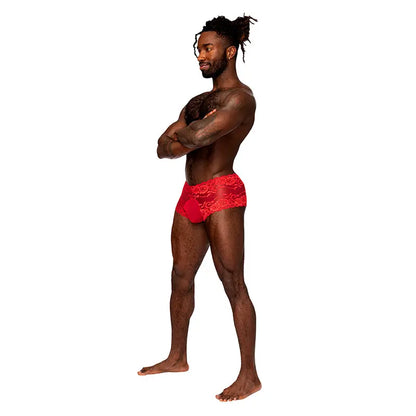 Male Power Sassy Lace Mini Short Sheer Pouch Red S  Men - Underwear