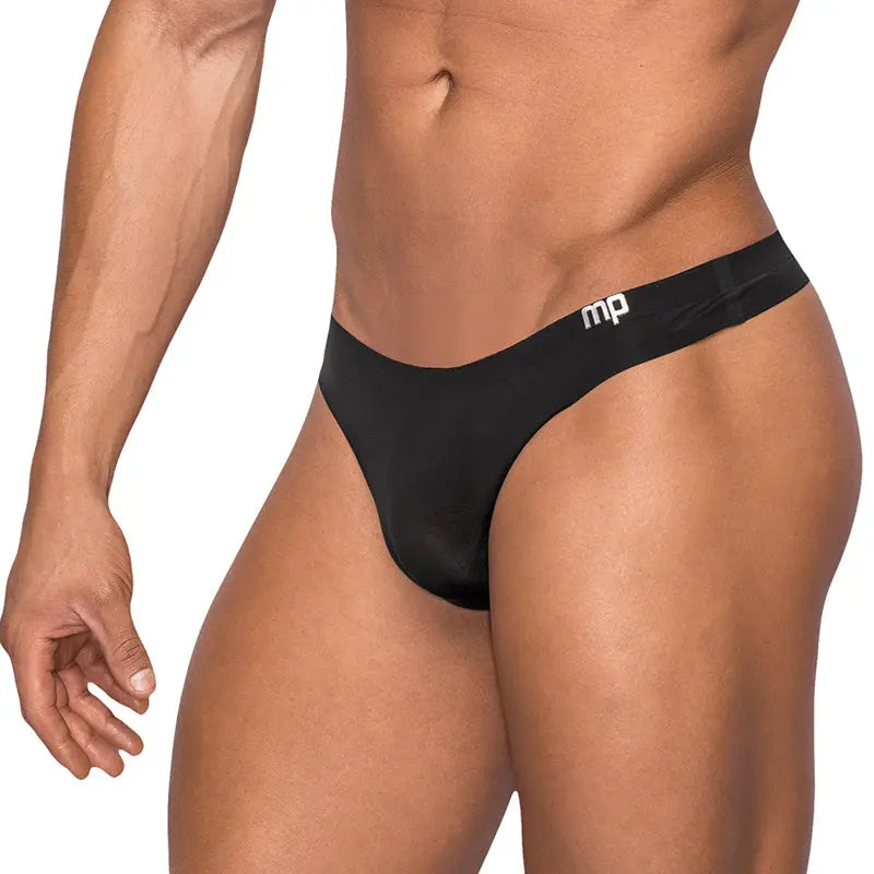 Male Power Seamless Sleek Sleek Thong w/sheer  pouch Black SM  Men - Underwear