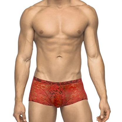 Male Power Stretch Lace Mini Short Red Medium  Men - Underwear