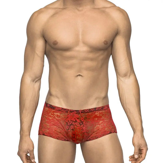 Male Power Stretch Lace Mini Short Red Small  Men - Underwear