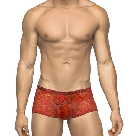 Male Power Stretch Lace Mini Short Red Small  Men - Underwear