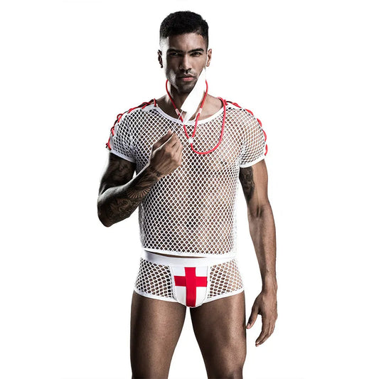 Men's Erotic Netting White Doctor Uniform  Lingerie - Fetish Wear