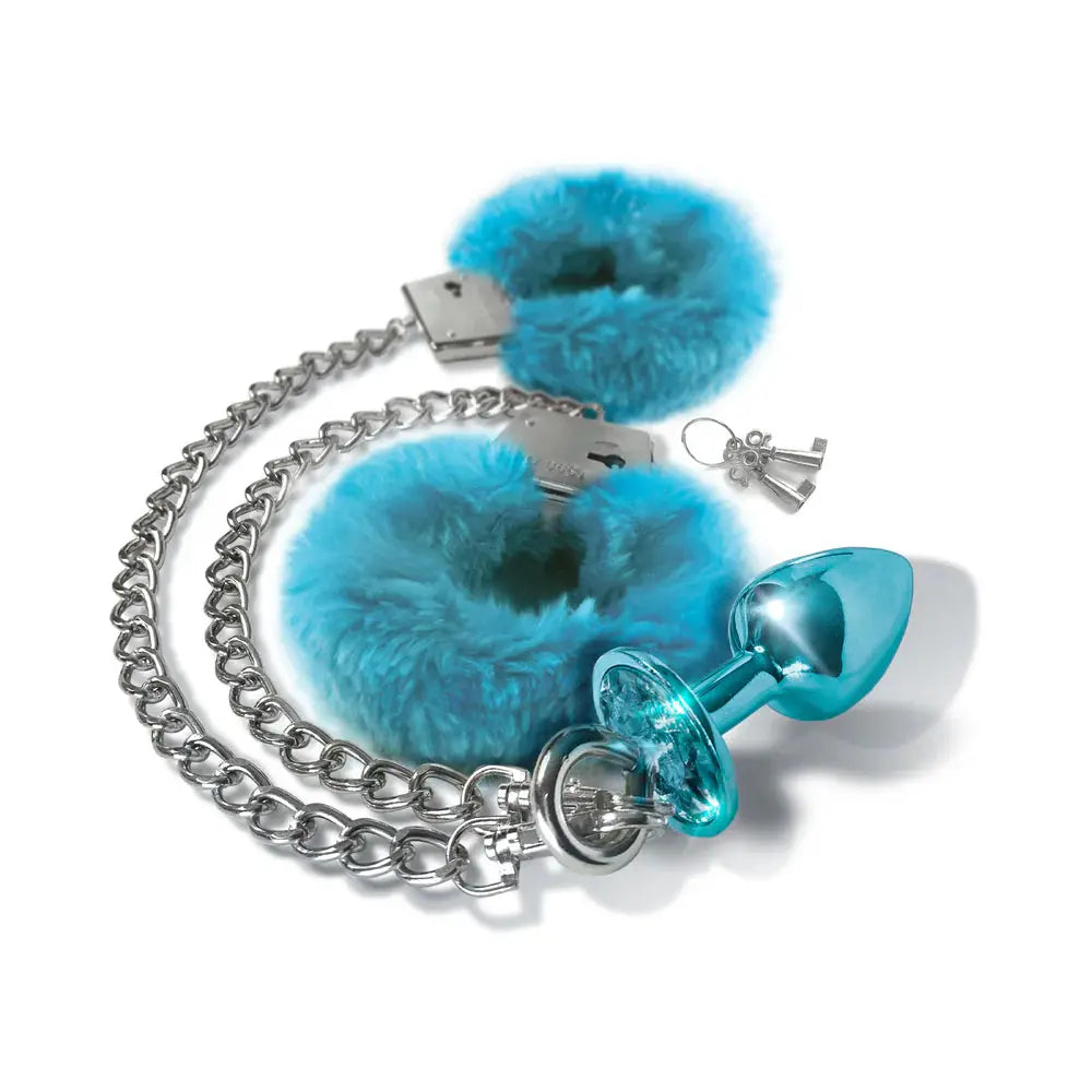 Metal Anal Plug with Furry Sex Handcuffs Medium Blue Metallic  Anal - Kits