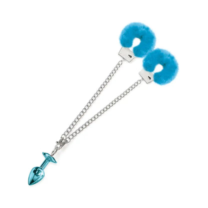 Metal Anal Plug with Furry Sex Handcuffs Medium Blue Metallic  Anal - Kits
