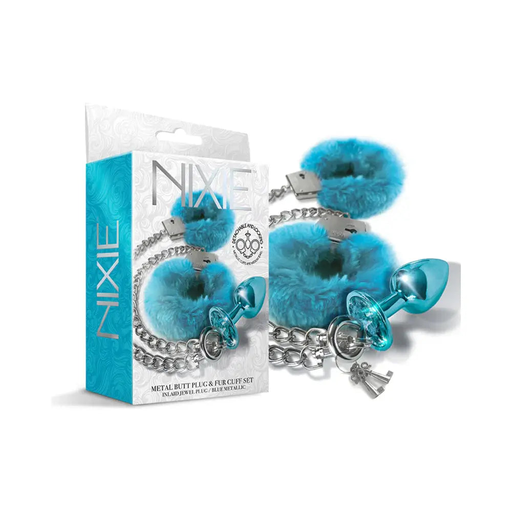 Metal Anal Plug with Furry Sex Handcuffs Medium Blue Metallic  Anal - Kits