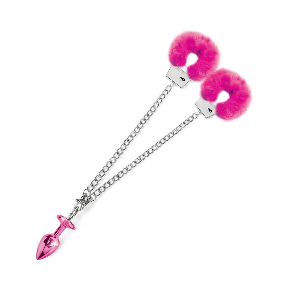Metal Butt Plug with Attached Sex Handcuff Set Medium Pink Metallic  Anal - Kits